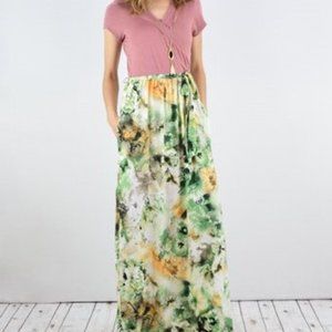 Pink & Green Floral  Surplice Maxi Dress